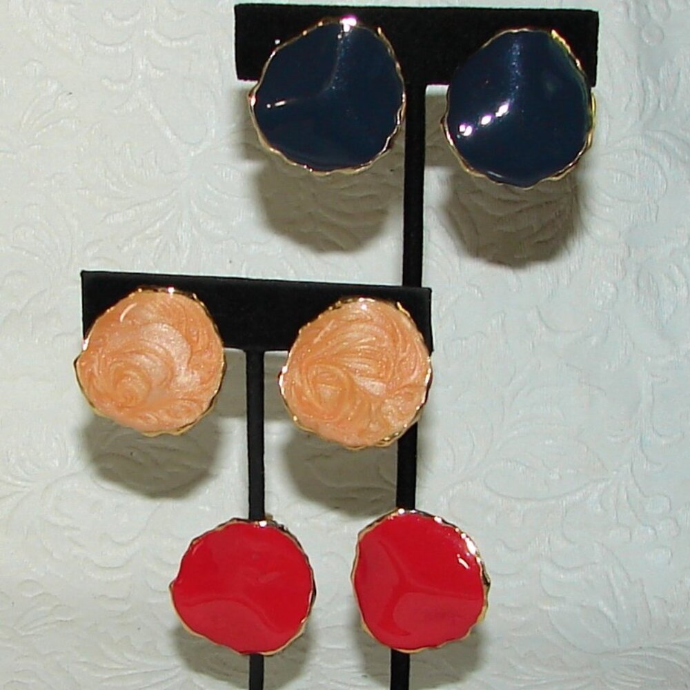 Vtg 70's Enameled Clip-On Statement EARRINGS Lot x 3 Pair: Navy Red Orange  G7